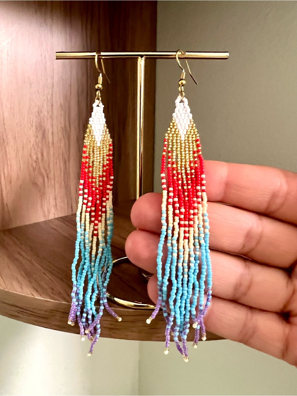 Handmade Multicolor Beaded Fringe Earrings - Red, Gold & Blue